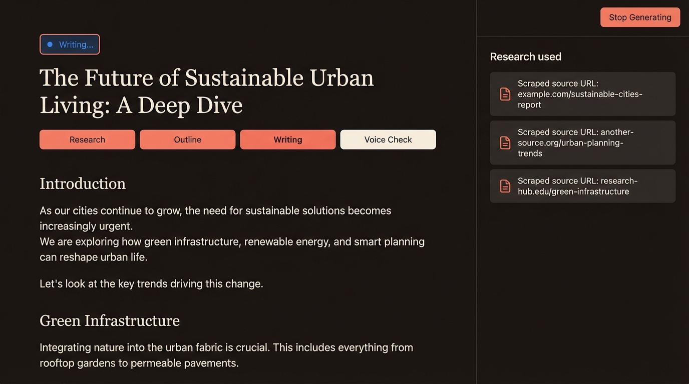 Article generation showing voice-matched content being written section by section