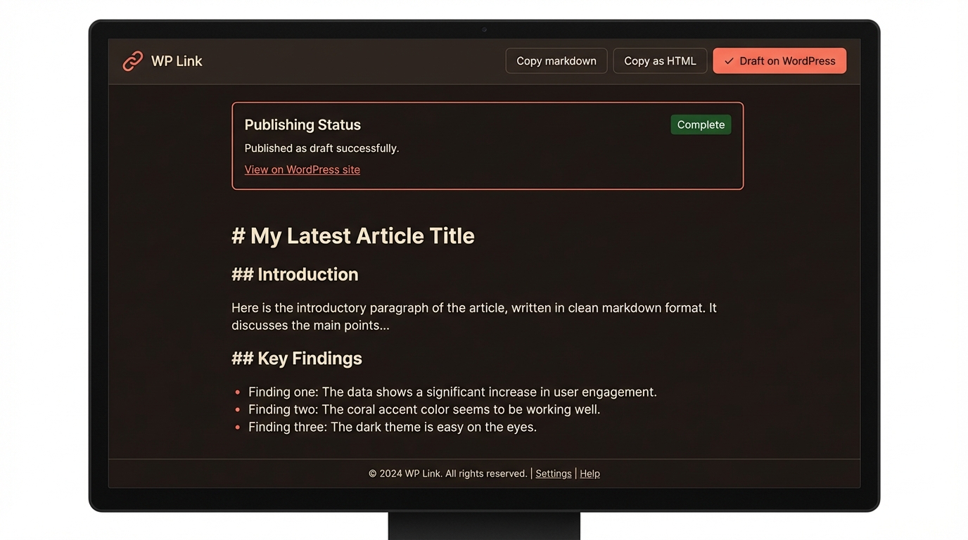 Article published to WordPress with a confirmation showing the draft URL